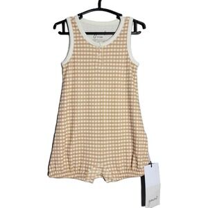 Goumi Kids Bamboo Organic Cotton 6-12M Gingham Sleeveless Romper Tan White NEW